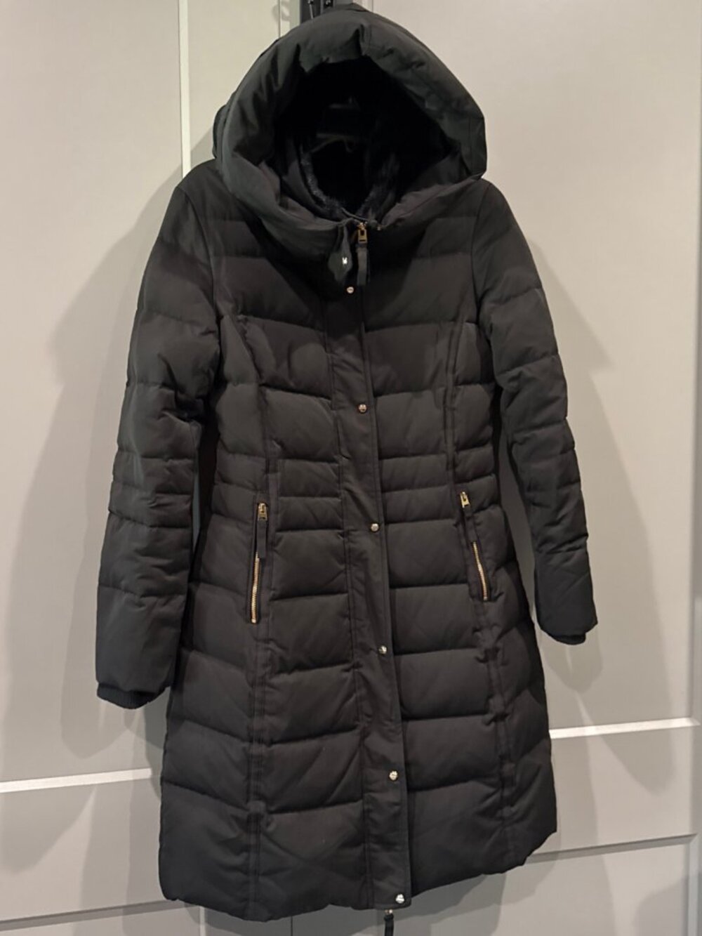 ZARA BASIC Black Quilted Down Hooded Long Puffer Jacket Zip Snap Women's M